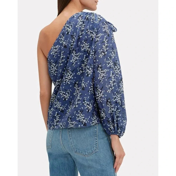 Ulla Johnson Enid Blue Floral One Shoulder Silk Blend Blouse  - Bow Asymmetrical - Picture 9 of 10